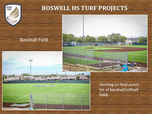 Boswell High School turf projects, working on final punch list of baseball and softball field. Two photos of baseball field.
